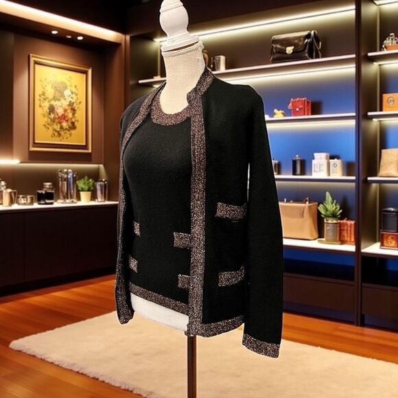 CHANEL 2004 Black Zip Cashmere Cardigan And Shell with Gold Accents - Picture 1 of 15